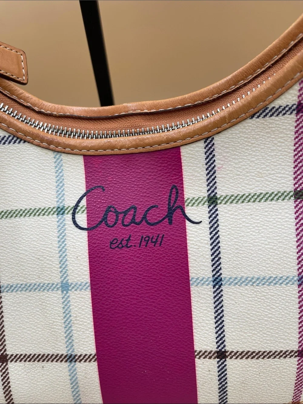 Coach Tattersol Cream Plaid Shoulder Bag with Pink Stripe